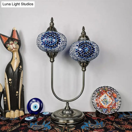 Vintage Glass Desk Lamp With 2 Elliptical Hand-Cut Heads For Bedroom Nightstand In