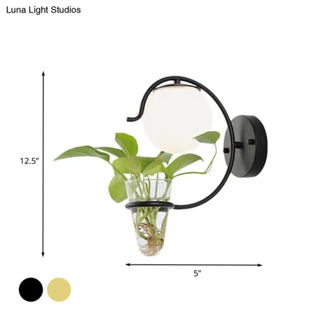 Vintage Glass Orb Sconce: Cream/Smoke Gray 1-Bulb Bedroom Wall Lamp In Black/Gold With C-Shaped Arm