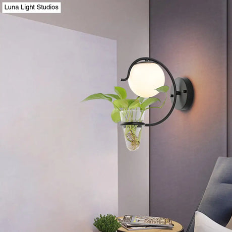 Vintage Glass Orb Sconce: Cream/Smoke Gray 1-Bulb Bedroom Wall Lamp In Black/Gold With C-Shaped Arm