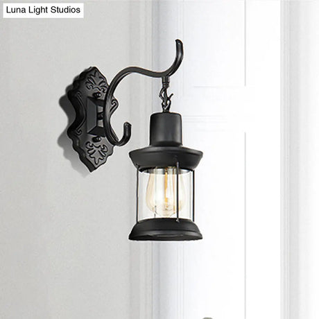 Vintage Glass Wall Mounted Lantern: Single Bulb Outdoor Sconce Light In Black With Carved Pattern