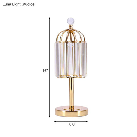 Vintage Gold Cage Top Led Night Lamp With Crystal Prism For Bedroom