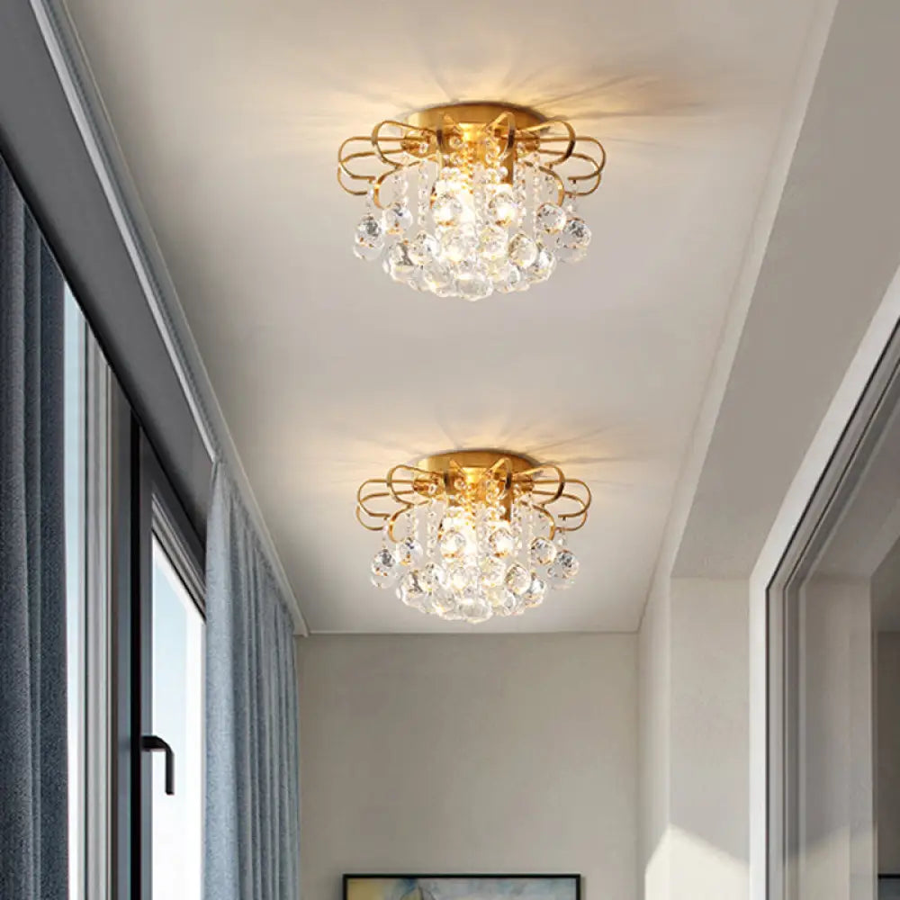 Vintage Gold Crystal Orb Ceiling Flush Mount Chandelier - Flower Living Room Décor Brass