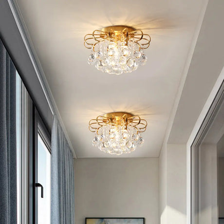 Vintage Gold Crystal Orb Ceiling Flush Mount Chandelier - Flower Living Room Décor Brass