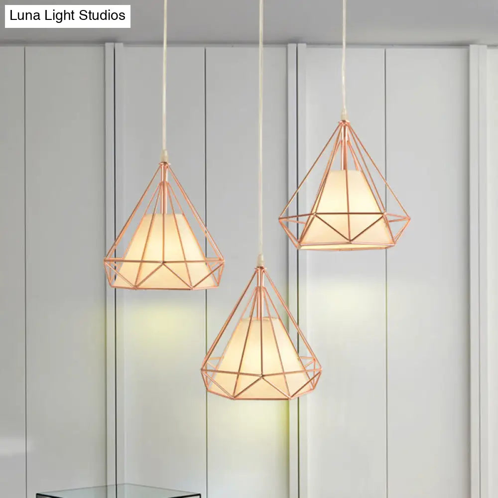 Vintage Gold Diamond Iron Hanging Ceiling Light With 3 Bulbs - Ideal For Dining Room