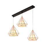Vintage Gold Diamond Iron Hanging Ceiling Light With 3 Bulbs - Ideal For Dining Room / Linear