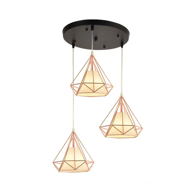 Vintage Gold Diamond Iron Hanging Ceiling Light With 3 Bulbs - Ideal For Dining Room / Round