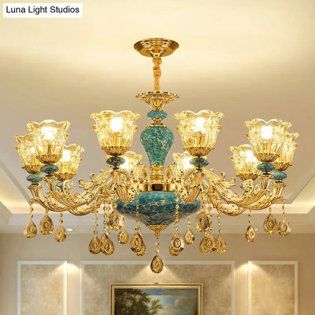 Vintage Gold Finish 2-Layered Flower Chandelier - Clear Glass Ceiling Light