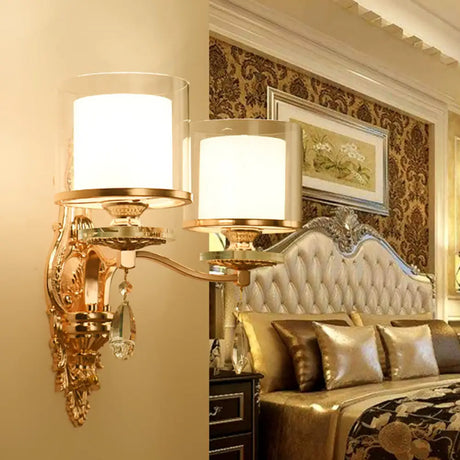 Vintage Gold Finish Cylinder Sconce Light: Metal Wall Fixture With Double Glass Shade And Crystal