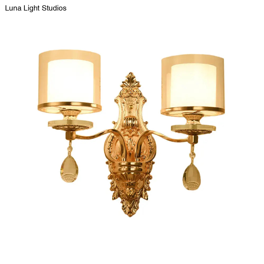 Vintage Gold Finish Cylinder Sconce Light: Metal Wall Fixture With Double Glass Shade And Crystal