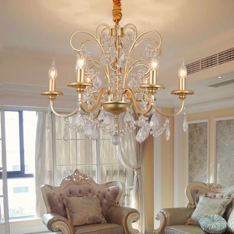 Vintage Gold Flameless Metal Pendant Chandelier With Crystal Decoration - 3/6-Heads Hanging Lamp 6 /
