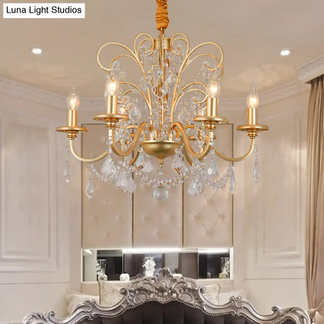 Vintage Gold Flameless Metal Pendant Chandelier With Crystal Decoration - 3/6-Heads Hanging Lamp