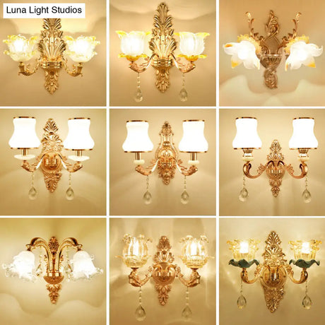 Vintage Gold Floral Wall Light Fixture With Crystal Accents - Elegant Living Room Mounted Lamp
