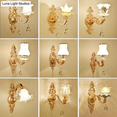 Vintage Gold Floral Wall Light Fixture With Crystal Accents - Elegant Living Room Mounted Lamp
