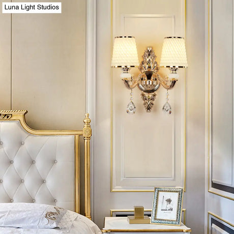 Vintage Gold Glass Wall Light With Crystal Draping - Tapered Textured Design For Corridor And Mount