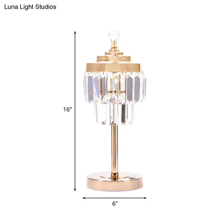 Vintage Gold Led Table Lamp With Beveled Crystal Prism - 2 Tiers Bedroom Nightstand Light