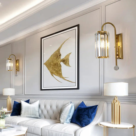 Vintage Gold Metal Gooseneck Wall Light With Clear Crystal Shade - Cylindrical 1/2-Bulb Sconce 1 /