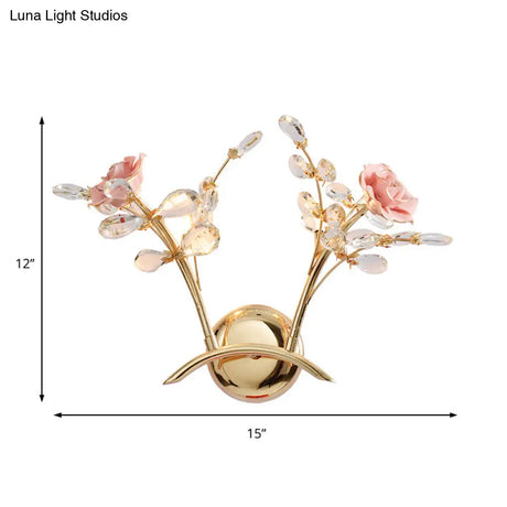 Vintage Gold Metal Wall Sconce Lamp With Rose Design Crystal Leaf And 2 Lights For Living Room