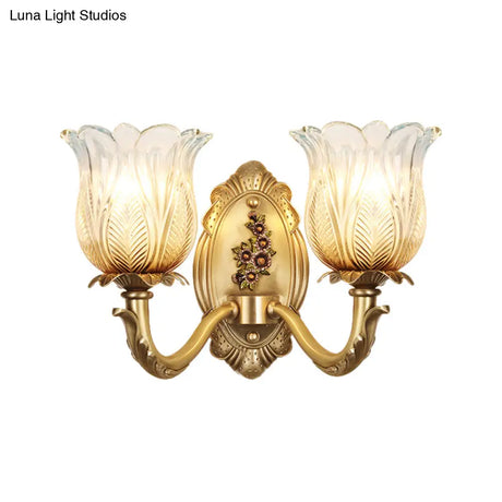 Vintage Gold Petals Carved Glass Sconce - Bedroom Wall Mounted Lamp For A Half-Bulb Lighting