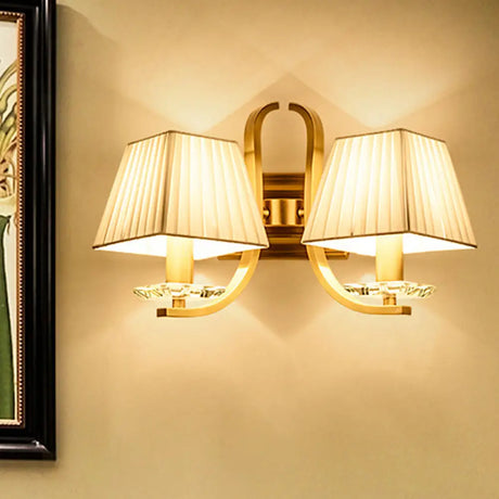 Vintage Gold Trapezoid Fabric Sconce Light For Bedroom Wall Mount 2 /