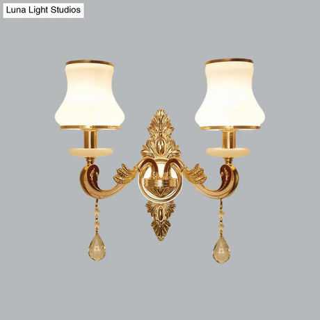 Vintage Gold Wall Sconce With Curved Milk Glass Lampshade - 2 Heads Bedroom Mount Lamp