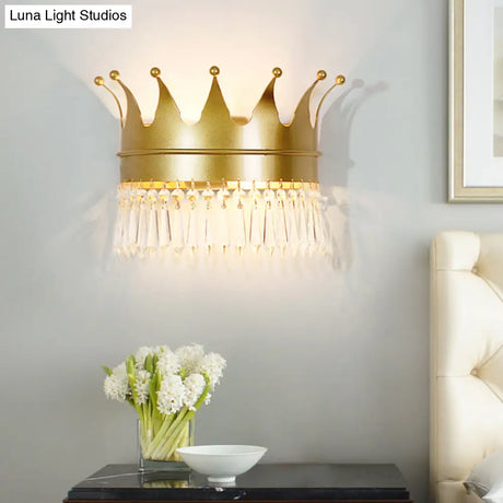 Vintage Golden Crown Wall Sconce - Stylish 2-Light Metal Lamp With Clear Crystal Details