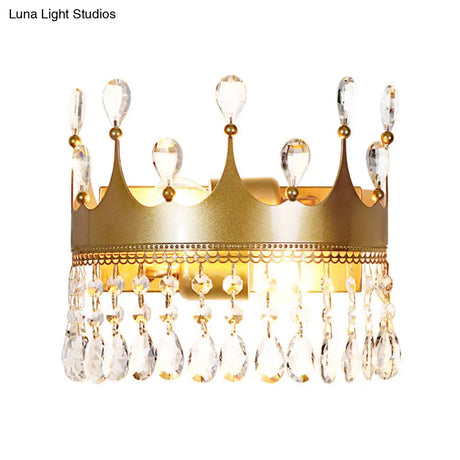 Vintage Golden Crown Wall Sconce - Stylish 2-Light Metal Lamp With Clear Crystal Details