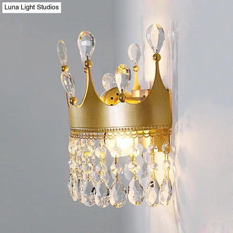 Vintage Golden Crown Wall Sconce - Stylish 2-Light Metal Lamp With Clear Crystal Details