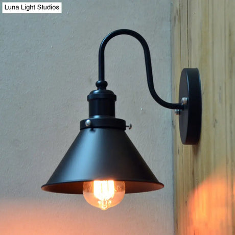 Vintage Gooseneck Wall Sconce With Cone Shade - 1 Light Corridor Fixture In Black