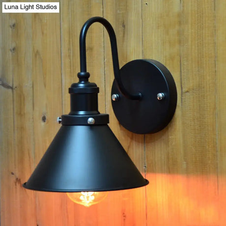 Vintage Gooseneck Wall Sconce With Cone Shade - 1 Light Corridor Fixture In Black