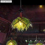 Vintage Green Caged Iron Plant Hanging Lamp - Single-Bulb Pendant For Restaurant Lighting