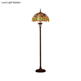 Vintage Green Dome Floor Light With Stained Glass Floral And Dragonfly Pattern - 3 Bulb Standing