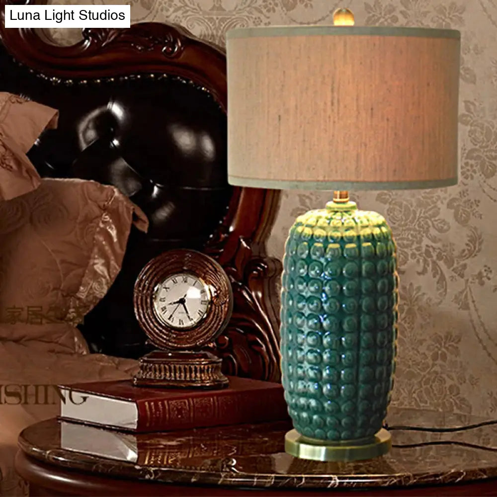 Vintage Green Porcelain Table Lamp With Fabric Shade - Retro Cylindrical Base 1 Head Nightstand For