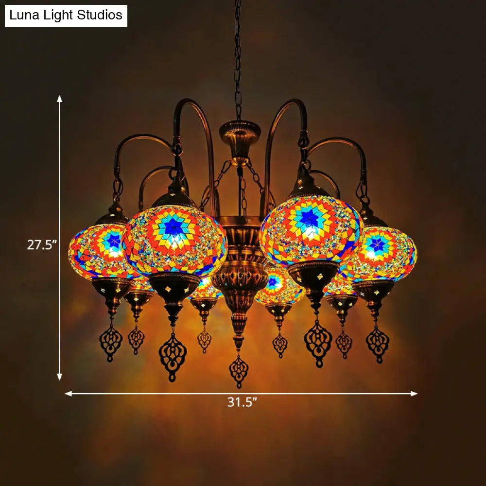 Vintage Handcrafted Art Glass Oval Pendant Light Chandelier With 9 White/Yellow/Gold Heads For