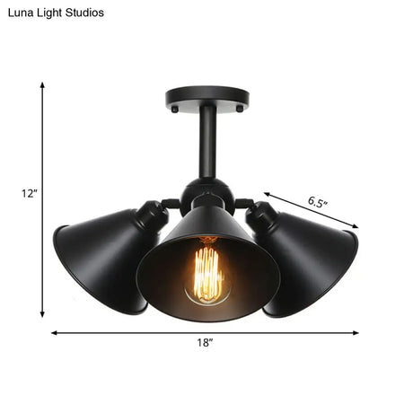 Vintage Indoor Ceiling Light - Black Flush Mount With Metallic Cone/Saucer Shade