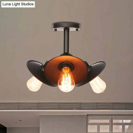 Vintage Indoor Ceiling Light - Black Flush Mount With Metallic Cone/Saucer Shade