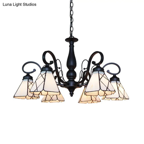 Vintage Indoor Lighting: Multi Light Cone Chandelier With Rhombus/Leaf Pattern Beige Glass For