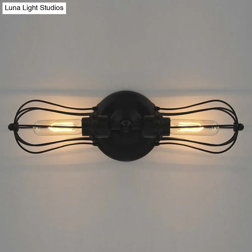 Vintage Industrial 1/2-Light Metal Bulb Wall Sconce With Cage Shade For Restaurants - Black/Nickel