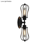 Vintage Industrial 1/2-Light Metal Bulb Wall Sconce With Cage Shade For Restaurants - Black/Nickel