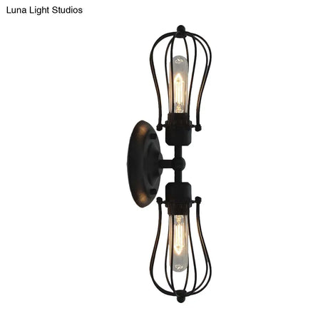 Vintage Industrial 1/2-Light Metal Bulb Wall Sconce With Cage Shade For Restaurants - Black/Nickel