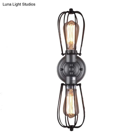 Vintage Industrial 1/2-Light Metal Bulb Wall Sconce With Cage Shade For Restaurants - Black/Nickel