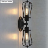 Vintage Industrial 1/2-Light Metal Bulb Wall Sconce With Cage Shade For Restaurants - Black/Nickel