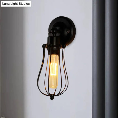 Vintage Industrial 1/2-Light Metal Bulb Wall Sconce With Cage Shade For Restaurants - Black/Nickel