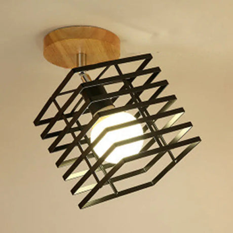 Vintage Industrial Black Ceiling Light Fixture - Metallic Cylinder/Square Cage Design Bedroom Semi