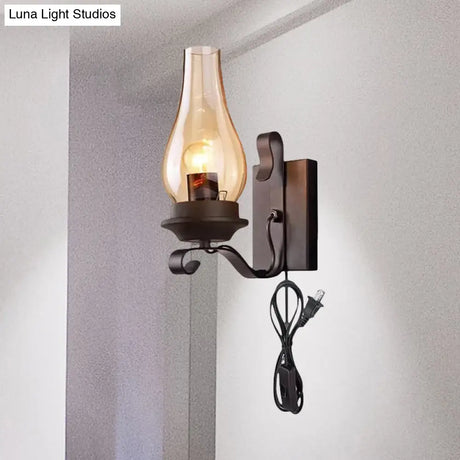 Vintage Industrial Black Cognac Glass Candle Wall Sconce With Plug-In Cord