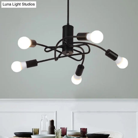 Vintage Industrial Black Metal Chandelier With Exposed Bulbs - 3/5 Lights Twirled Hanging Lamp For