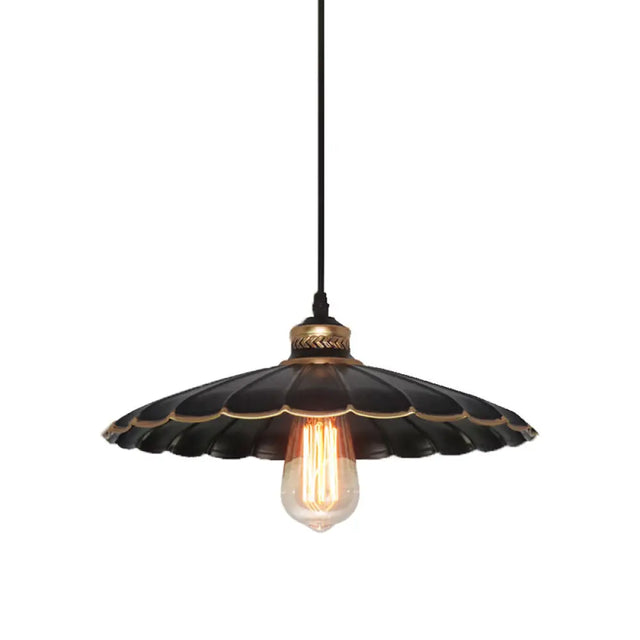 Vintage Industrial Black Metal Pendant Ceiling Light | Scalloped Hanging 10 Or 14 Ideal For