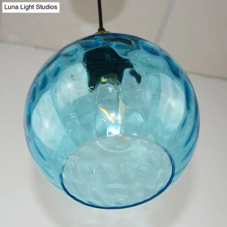 Vintage Industrial Blue Pendant Lamp With Spherical Ripple Glass - Ideal For Living Room