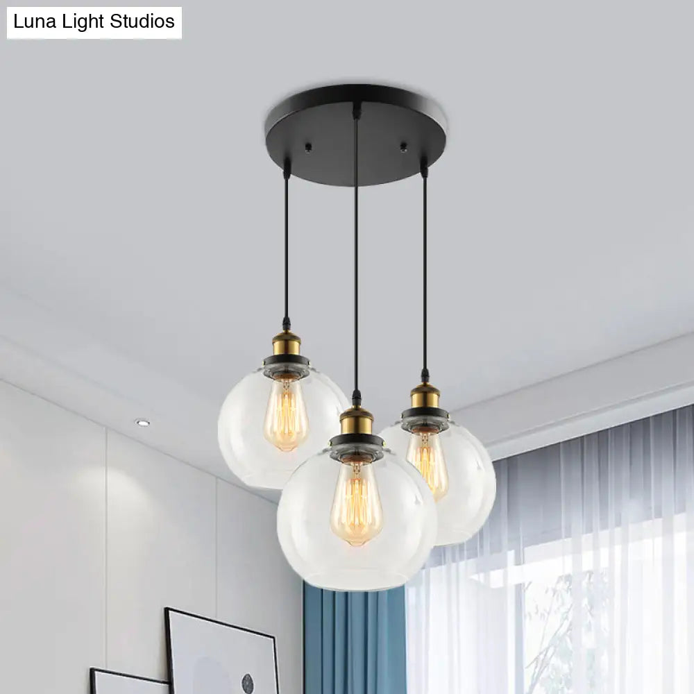 Vintage Industrial Brass Orb Pendant Light With Clear Glass Shade - 3/4-Light Multi Hanging Fixture