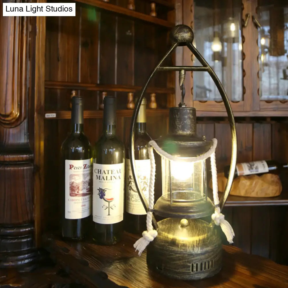 Vintage Industrial Brass Table Lamp With Clear Glass Shade - Factory Style Lantern Desk Light