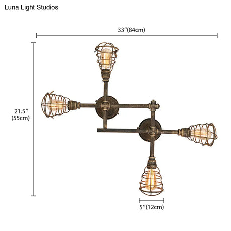 Vintage Industrial Brass Wire Cage Semi-Flush Light With Pipe - 4/6/8 Heads For Living Room Ceiling